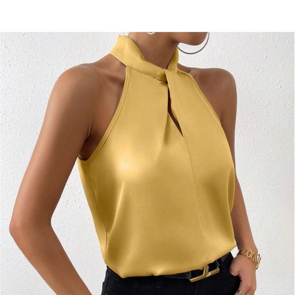 Luxe Satin Mock Neck Halter Sleeveless Top Blouse Shirt Black - Picture 9 of 12